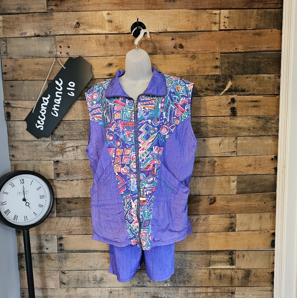 Vintage 90's Le Coq Sportif 2 Piece Nylon Printed Tracksuit Shorts Vest Size M